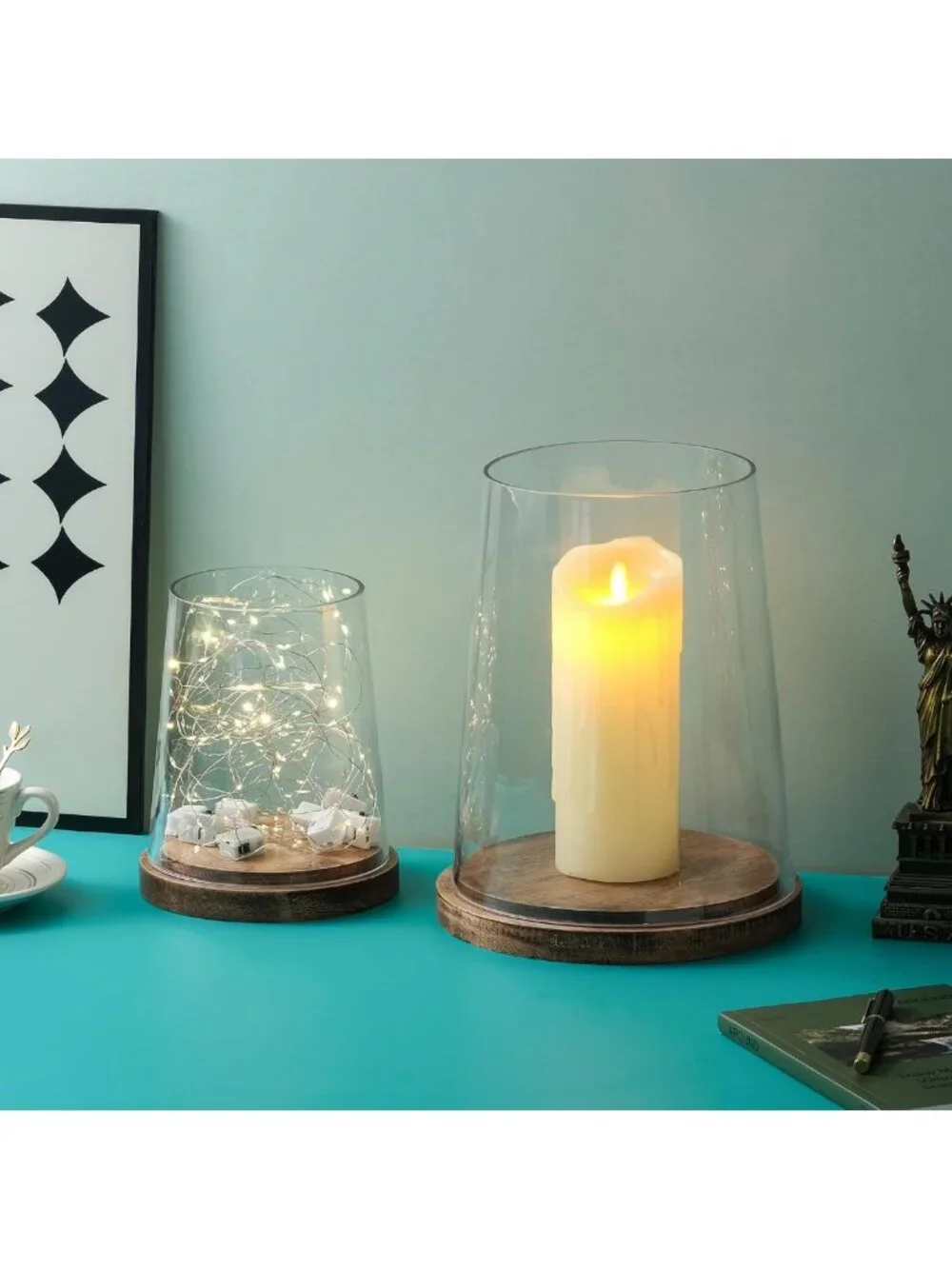 Set of 2 Vintage Glass Hurricane Candle Holders with Wood Base for Pillar